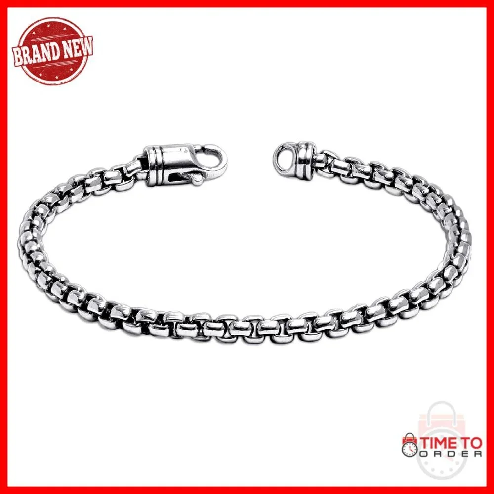 Sterling Silver Men's Box Chain Bracelet 8.5 Inch Italian Link